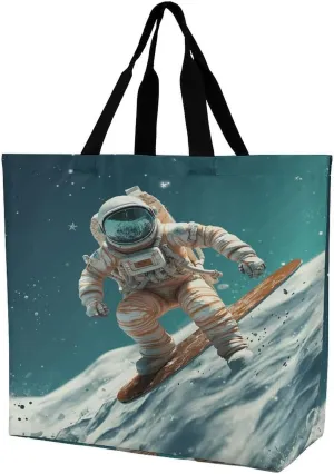 Women's Large-capacity Shoulder Shopping Bag Reusable Foldable Shopping Bags Astronaut on Skis Beach Bag