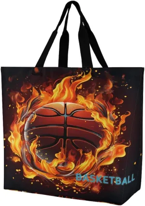 Women's Large-capacity Shoulder Shopping Bag Reusable Foldable Shopping Bags Basketball Logo with Flames Beach Bag