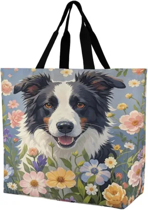 Women's Large-capacity Shoulder Shopping Bag Reusable Foldable Shopping Bags Border Collie Florals Beach Bag