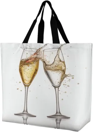 Women's Large-capacity Shoulder Shopping Bag Reusable Foldable Shopping Bags Champagne Glasses Beach Bag