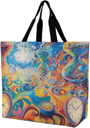 Women's Large-capacity Shoulder Shopping Bag Reusable Foldable Shopping Bags Clock And Hourglass Beach Bag
