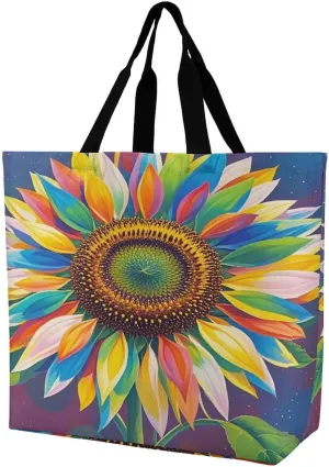 Women's Large-capacity Shoulder Shopping Bag Reusable Foldable Shopping Bags Color Painting Sunflower Beach Bag