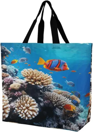 Women's Large-capacity Shoulder Shopping Bag Reusable Foldable Shopping Bags Ocean Tropical Fish Coral Beach Bag