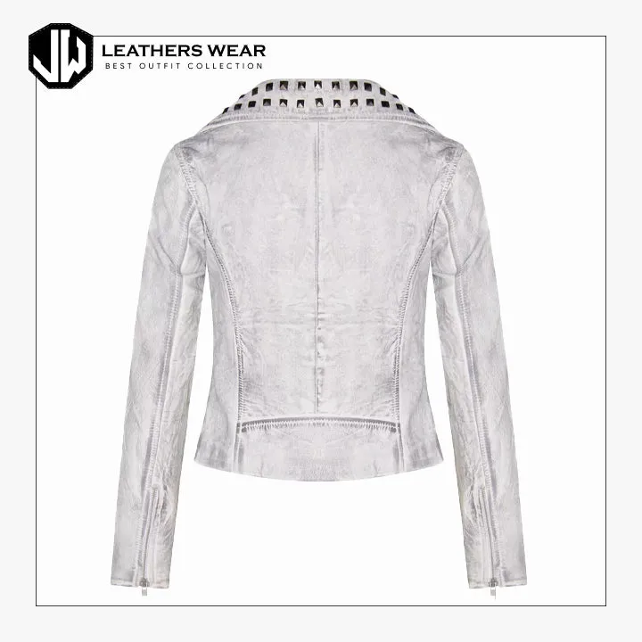 Womens Leather White Studded Biker Jacket