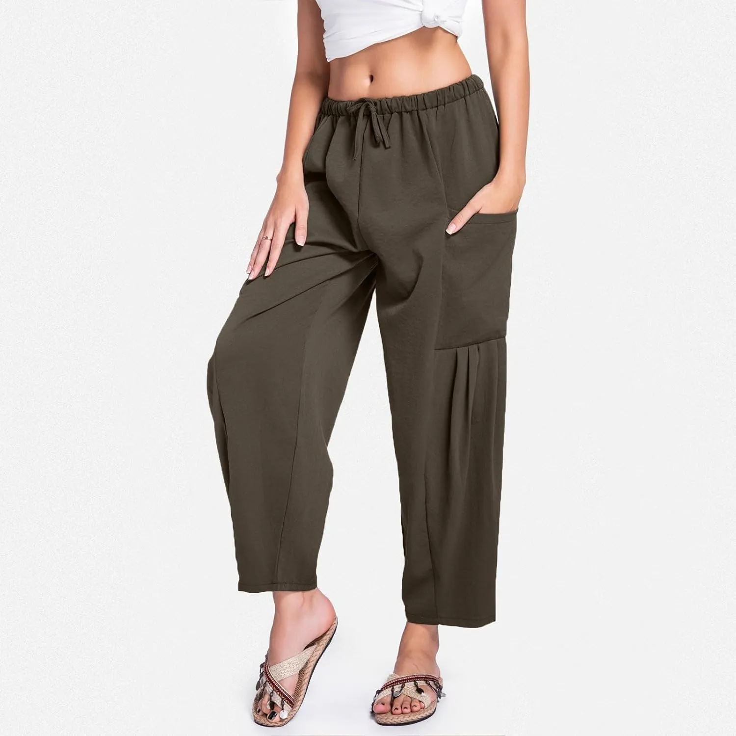 Womens Linen Wide Leg Pants Casual Palazzo Drawstring Summer Beach Travel Vacation Palazzo Harem Pants with Pockets