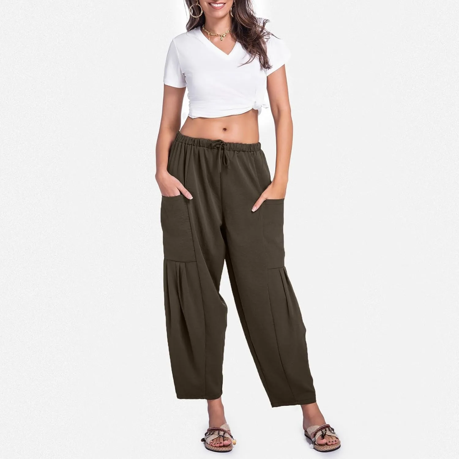 Womens Linen Wide Leg Pants Casual Palazzo Drawstring Summer Beach Travel Vacation Palazzo Harem Pants with Pockets