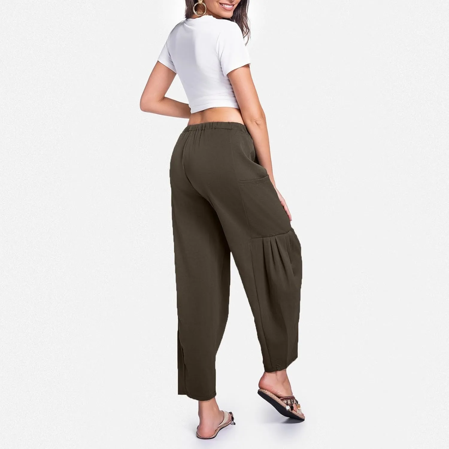 Womens Linen Wide Leg Pants Casual Palazzo Drawstring Summer Beach Travel Vacation Palazzo Harem Pants with Pockets