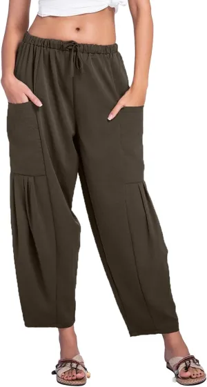 Womens Linen Wide Leg Pants Casual Palazzo Drawstring Summer Beach Travel Vacation Palazzo Harem Pants with Pockets