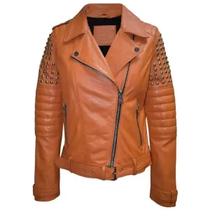 Women's Motorcycle Studded Leather Jacket In Brown