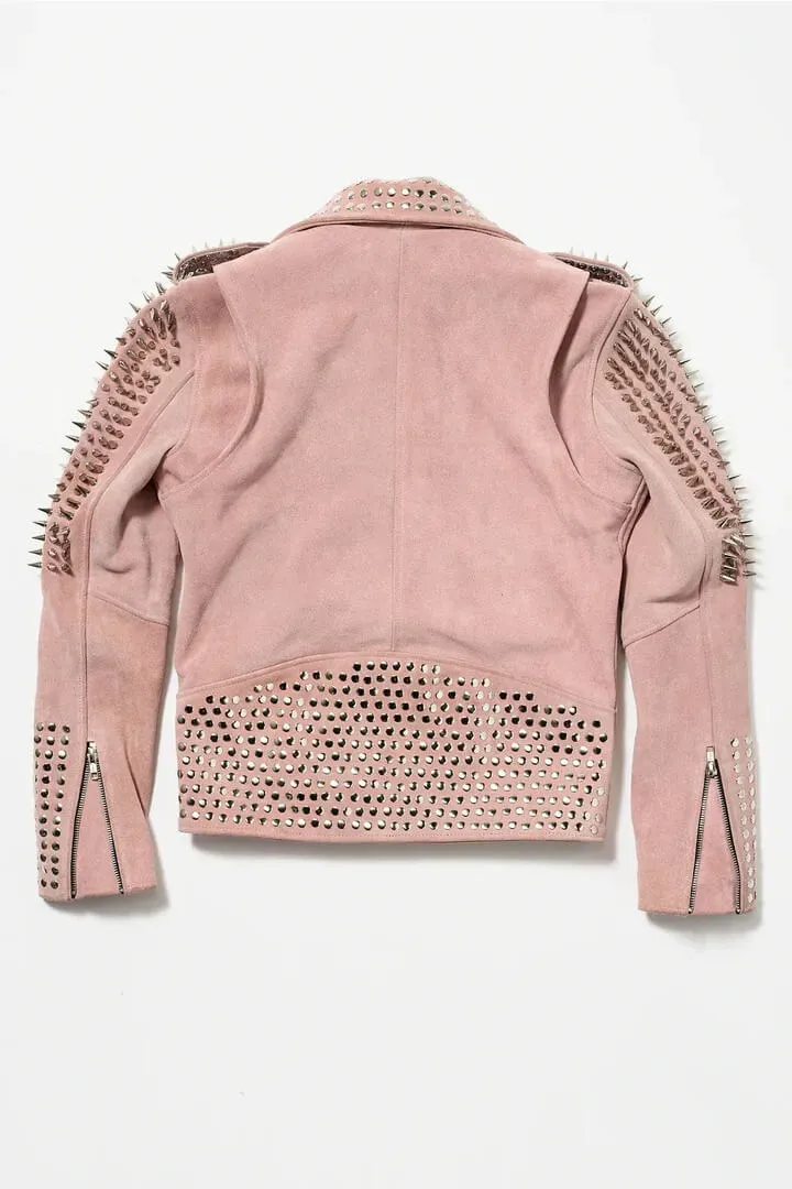 Women's Pink Silver Spiked Studded Motorcycle Leather Jacket