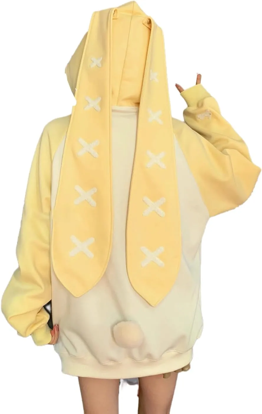 Women's Plus Size Kawaii Long Rabbit Ears Hooded Sweater Girl Sweet Y2K Hoodie Coat