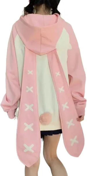 Women's Plus Size Kawaii Long Rabbit Ears Hooded Sweater Girl Sweet Y2K Hoodie Coat