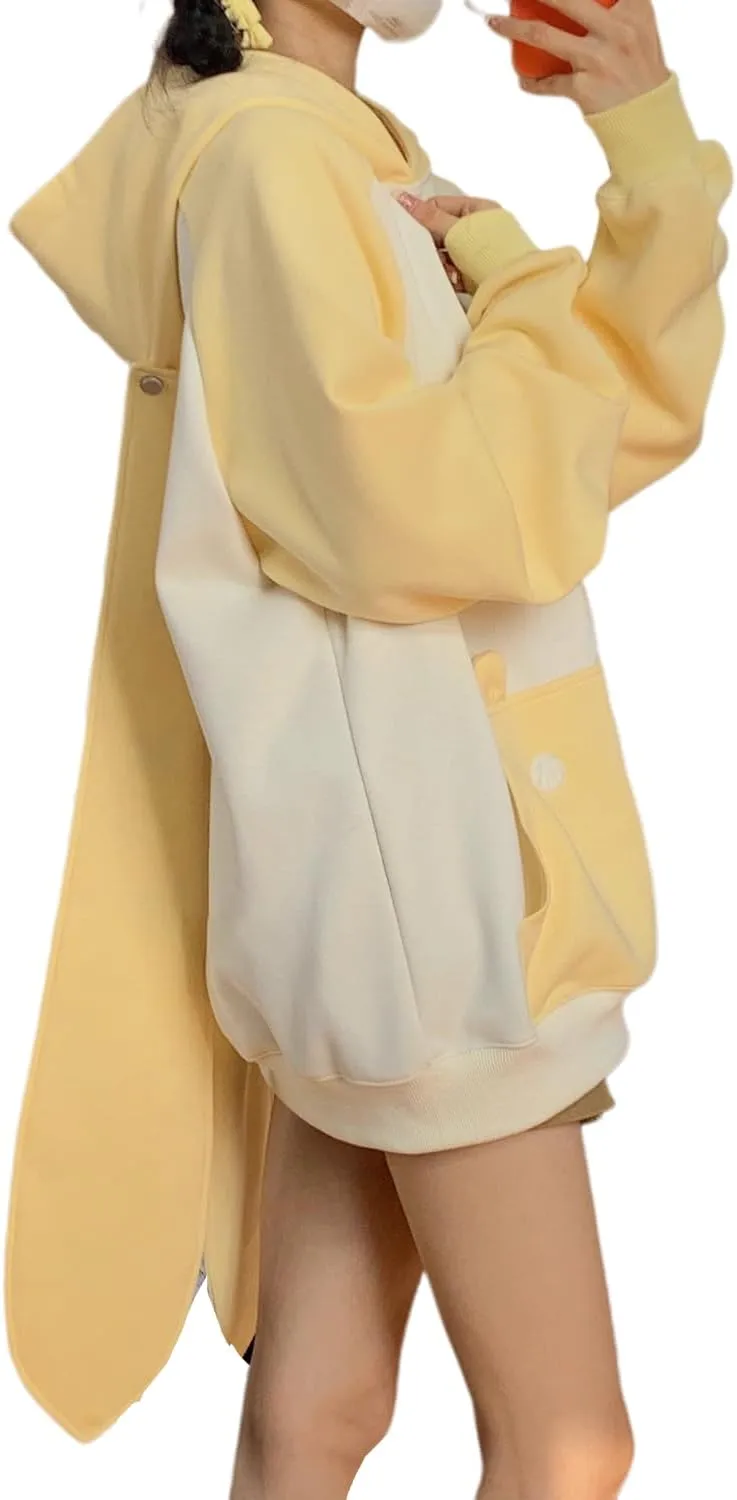 Women's Plus Size Kawaii Long Rabbit Ears Hooded Sweater Girl Sweet Y2K Hoodie Coat