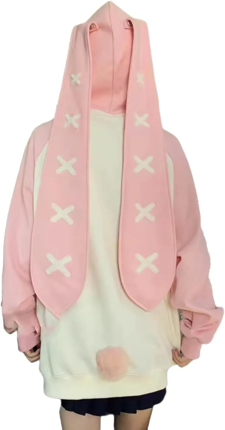 Women's Plus Size Kawaii Long Rabbit Ears Hooded Sweater Girl Sweet Y2K Hoodie Coat