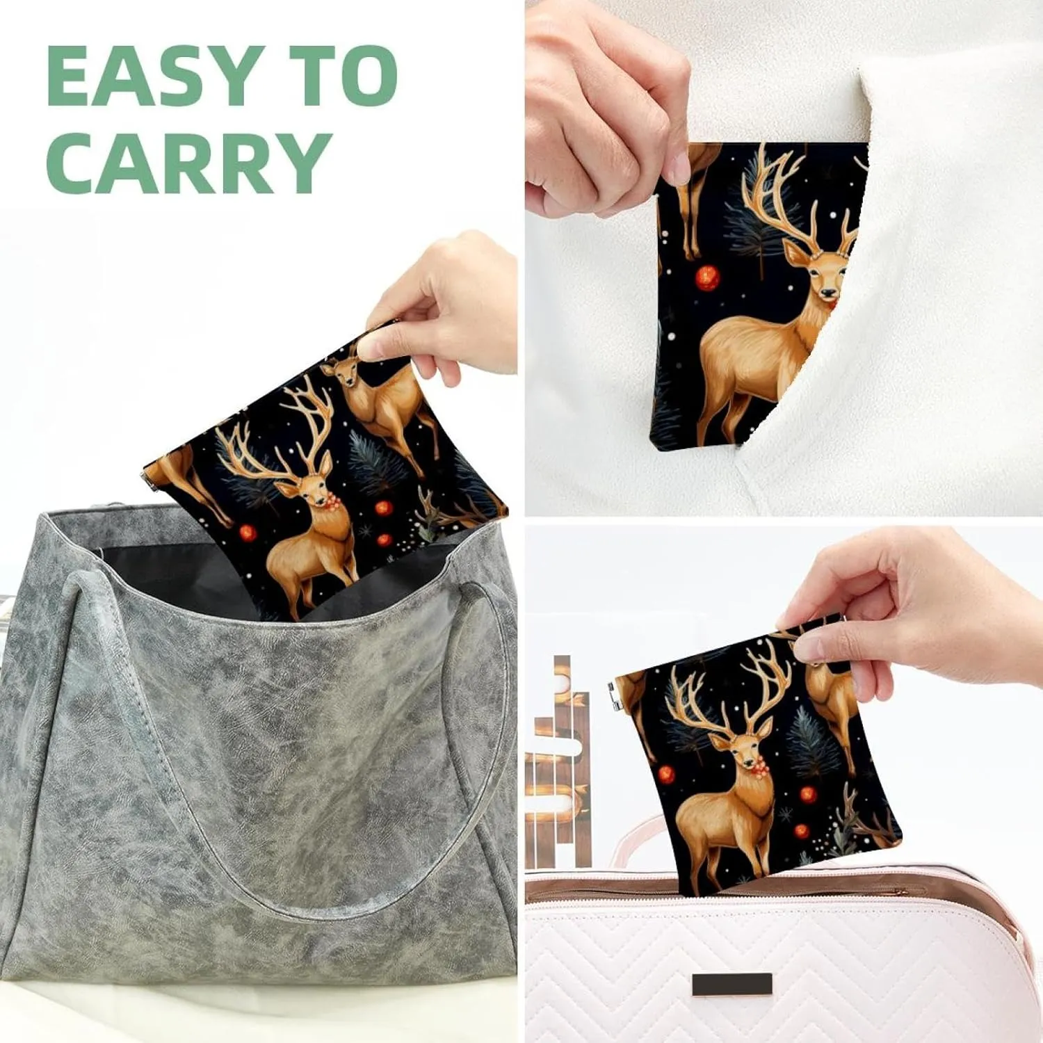 Women’s Pocket Cosmetic Bags, Waterproof Leather Makeup Bag No Zipper Self-Closing Makeup Pouch for Girls, Mini Bag for Purse - Cute Christmas Elk-1862