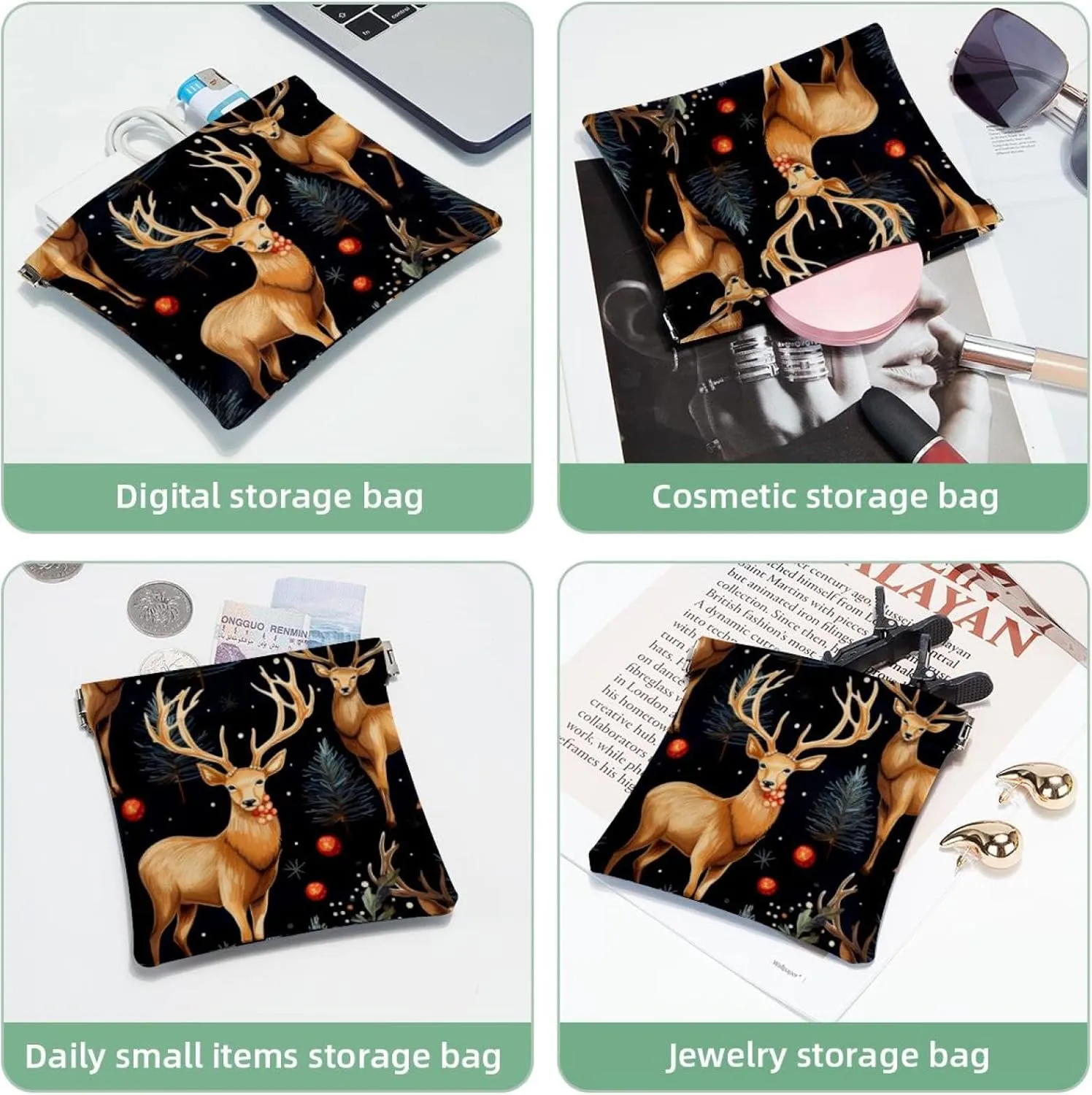 Women’s Pocket Cosmetic Bags, Waterproof Leather Makeup Bag No Zipper Self-Closing Makeup Pouch for Girls, Mini Bag for Purse - Cute Christmas Elk-1862