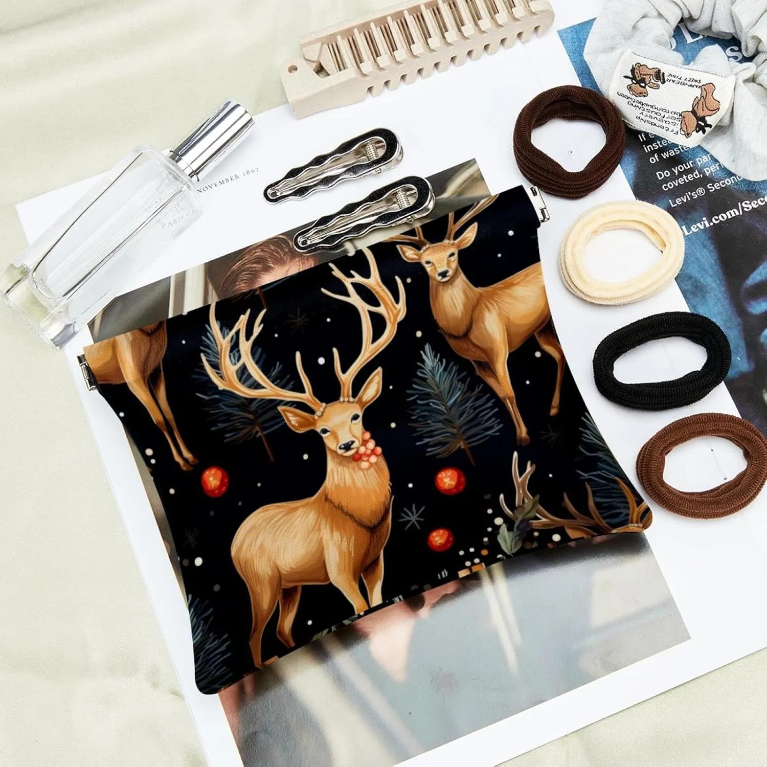 Women’s Pocket Cosmetic Bags, Waterproof Leather Makeup Bag No Zipper Self-Closing Makeup Pouch for Girls, Mini Bag for Purse - Cute Christmas Elk-1862