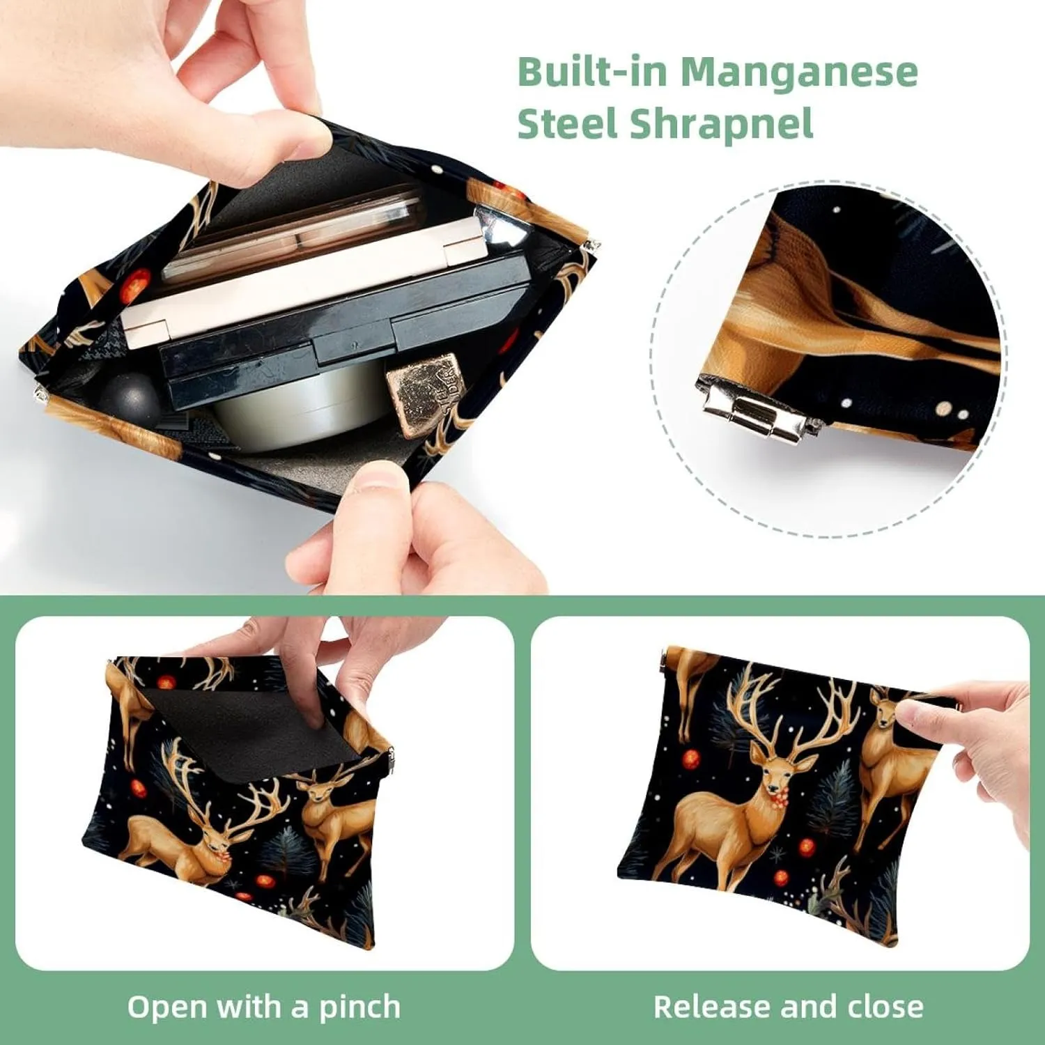 Women’s Pocket Cosmetic Bags, Waterproof Leather Makeup Bag No Zipper Self-Closing Makeup Pouch for Girls, Mini Bag for Purse - Cute Christmas Elk-1862