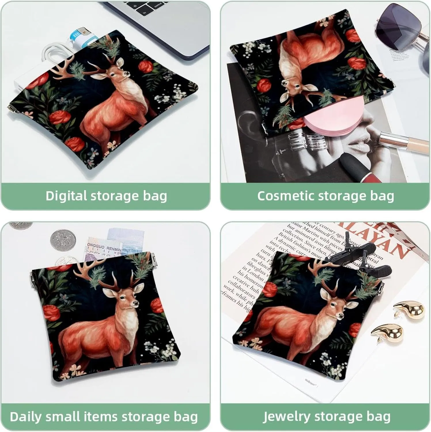Women’s Pocket Cosmetic Bags, Waterproof Leather Makeup Bag No Zipper Self-Closing Makeup Pouch for Girls, Mini Bag for Purse - Cute Christmas Elk-1882