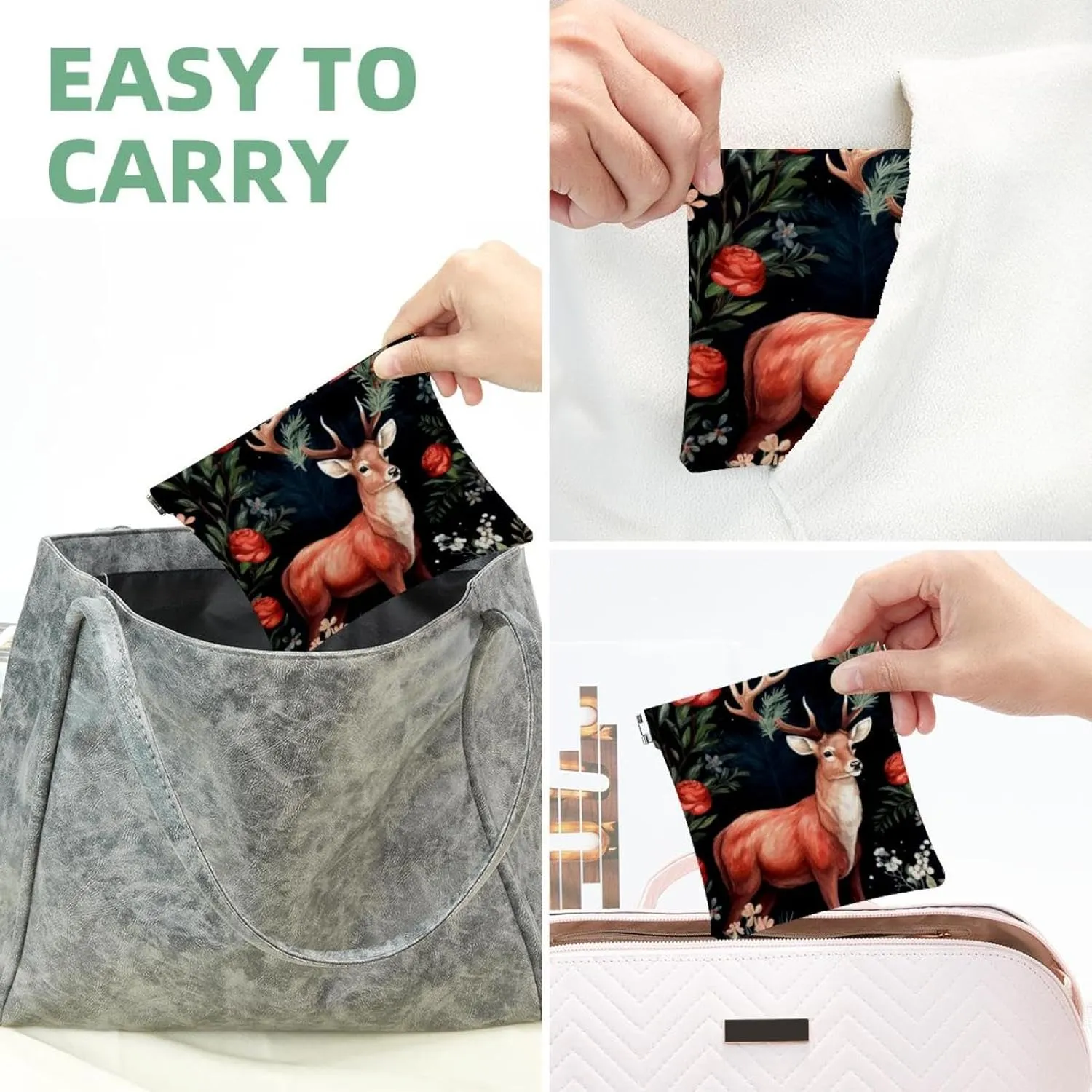 Women’s Pocket Cosmetic Bags, Waterproof Leather Makeup Bag No Zipper Self-Closing Makeup Pouch for Girls, Mini Bag for Purse - Cute Christmas Elk-1882