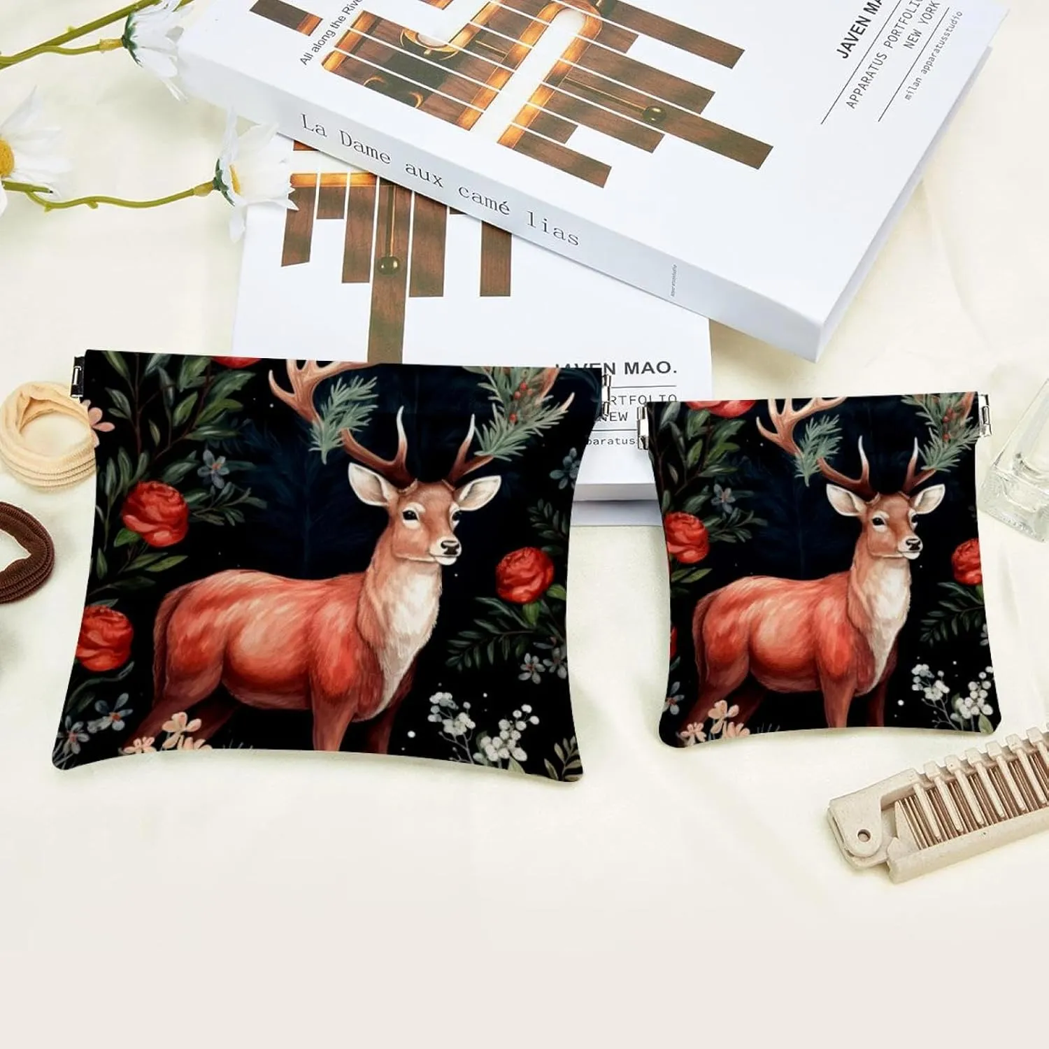 Women’s Pocket Cosmetic Bags, Waterproof Leather Makeup Bag No Zipper Self-Closing Makeup Pouch for Girls, Mini Bag for Purse - Cute Christmas Elk-1882