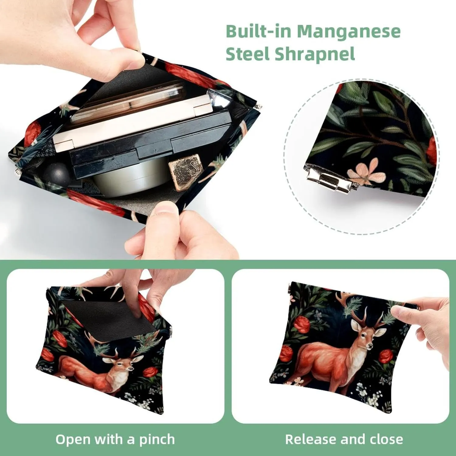 Women’s Pocket Cosmetic Bags, Waterproof Leather Makeup Bag No Zipper Self-Closing Makeup Pouch for Girls, Mini Bag for Purse - Cute Christmas Elk-1882