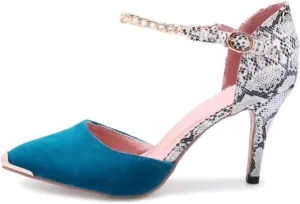 Women's Pointed Toe Closed Stiletto High Heels Pumps Sexy Two Colour Patchwork Snakeskin Metal Chain Buckle Strap Wedding Party Prom Dress Shoes