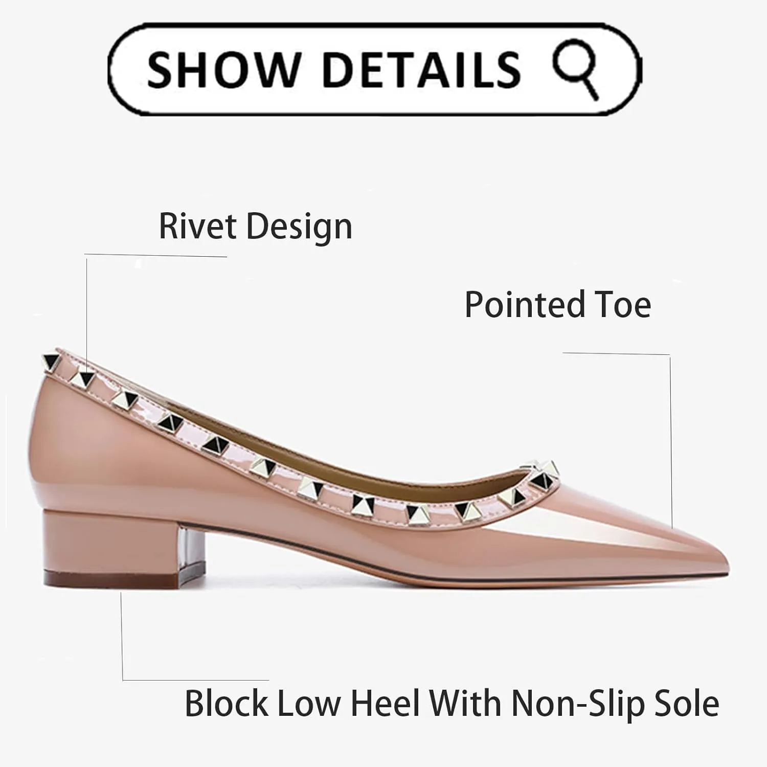 Women's Pointed Toe Low Chunky Heel Rivet Pumps Fashion Patent Leather Studded Block Heel Comfortable Slip-On Dress Work Shoes for Party Office