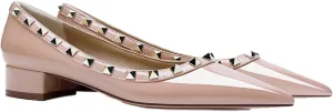 Women's Pointed Toe Low Chunky Heel Rivet Pumps Fashion Patent Leather Studded Block Heel Comfortable Slip-On Dress Work Shoes for Party Office