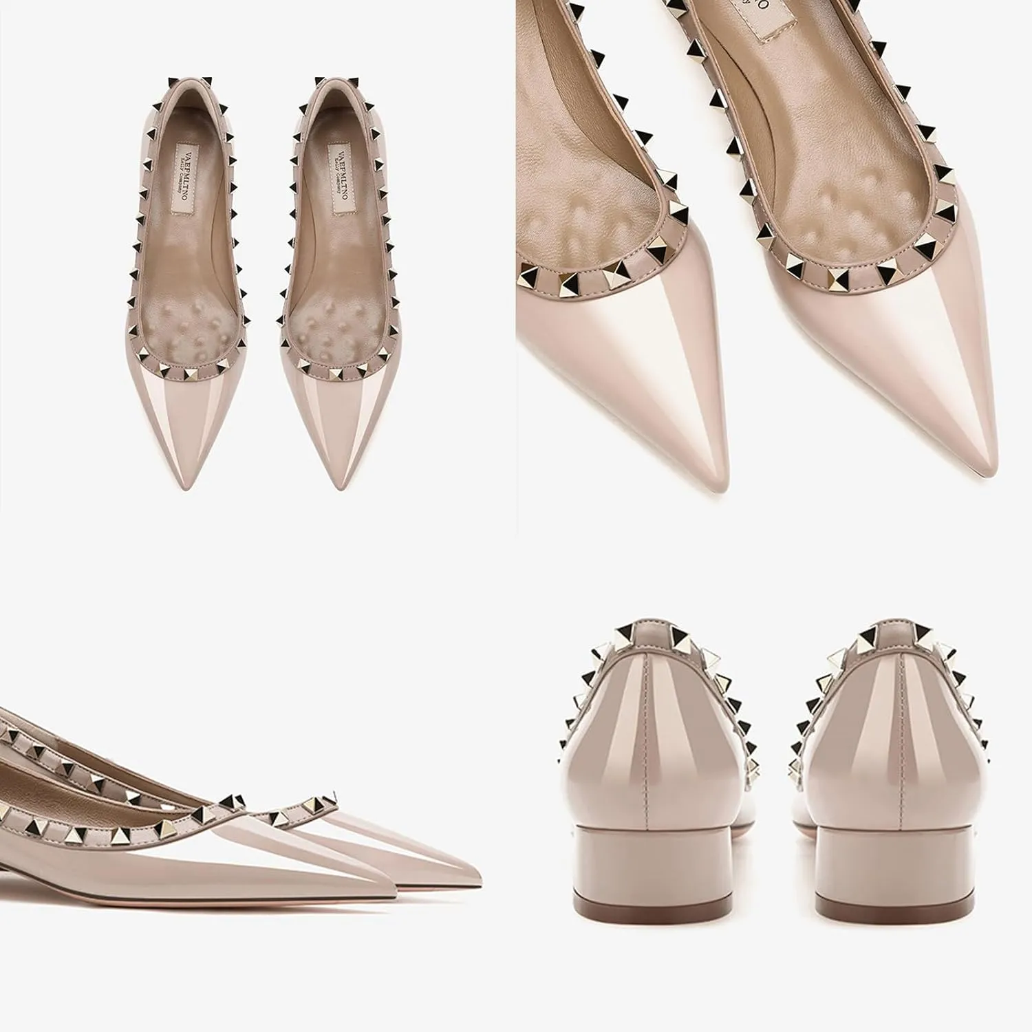 Women's Pointed Toe Low Chunky Heel Rivet Pumps Fashion Patent Leather Studded Block Heel Comfortable Slip-On Dress Work Shoes for Party Office