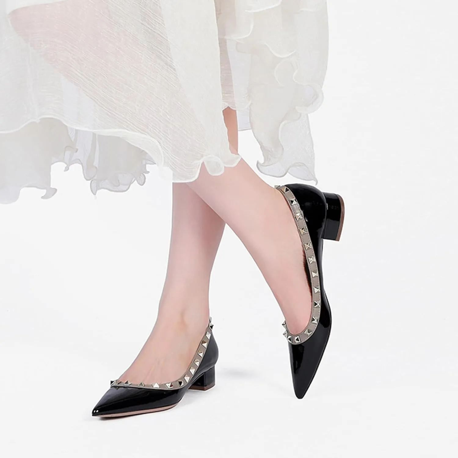 Women's Pointed Toe Low Chunky Heel Rivet Pumps Fashion Patent Leather Studded Block Heel Comfortable Slip-On Dress Work Shoes for Party Office
