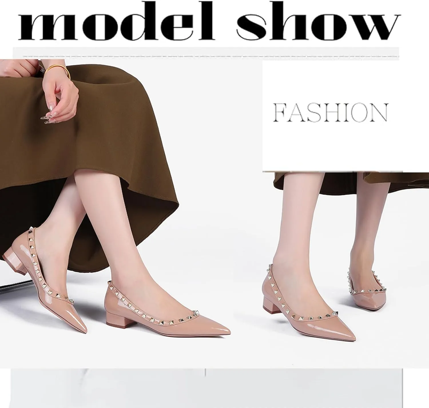 Women's Pointed Toe Low Chunky Heel Rivet Pumps Fashion Patent Leather Studded Block Heel Comfortable Slip-On Dress Work Shoes for Party Office