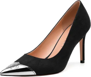 Women's Pumps, Silver Metallic Patchwork Closed Toe Stiletto Heels, Fashion Slip On High Heel Shoes for Women