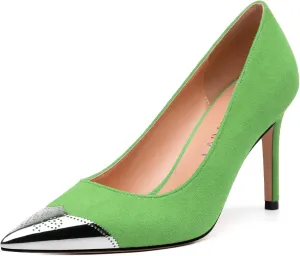 Women's Pumps, Silver Metallic Patchwork Closed Toe Stiletto Heels, Fashion Slip On High Heel Shoes for Women