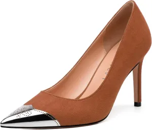 Women's Pumps, Silver Metallic Patchwork Closed Toe Stiletto Heels, Fashion Slip On High Heel Shoes for Women
