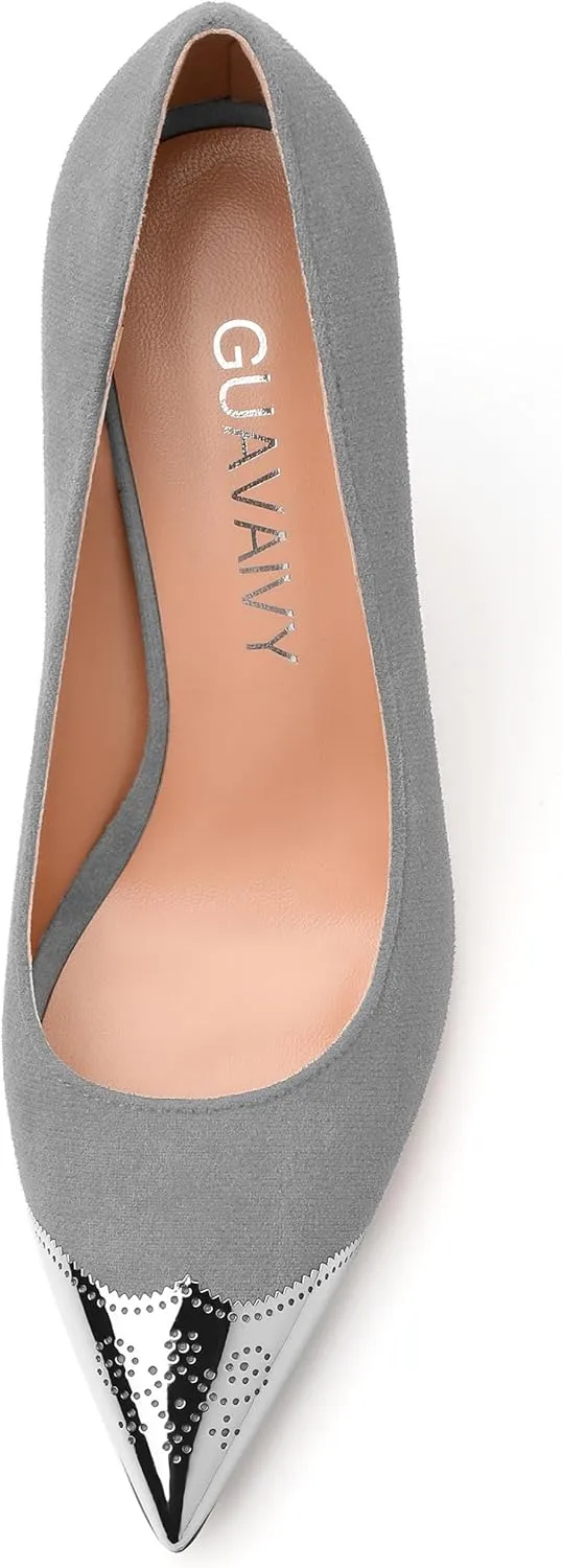 Women's Pumps, Silver Metallic Patchwork Closed Toe Stiletto Heels, Fashion Slip On High Heel Shoes for Women