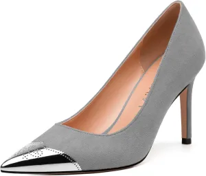Women's Pumps, Silver Metallic Patchwork Closed Toe Stiletto Heels, Fashion Slip On High Heel Shoes for Women