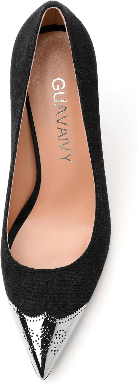 Women's Pumps, Silver Metallic Patchwork Closed Toe Stiletto Heels, Fashion Slip On High Heel Shoes for Women