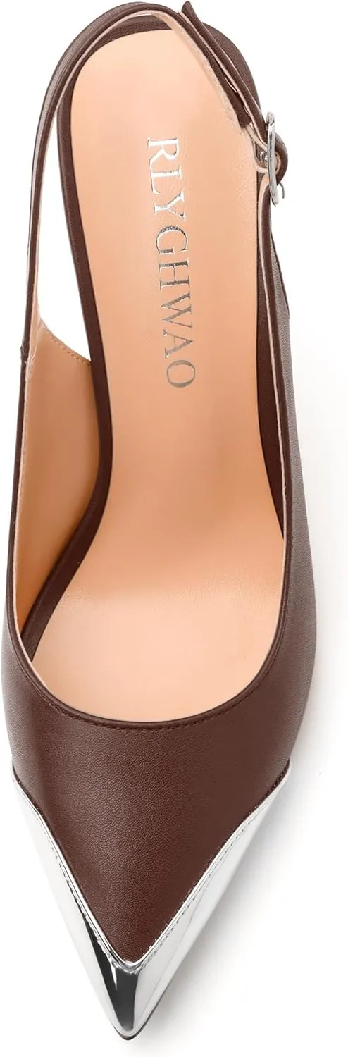 Women's Pumps, Two Toned Patchwork Pointed Toe Stiletto High Heels, Fashion Slingback Buckle Pumps, Daily Working Party Shoes for Women