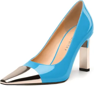 Women's Pumps, Two Toned Patchwork Square Closed Toe High Heels, Fashion Slip On Daily Dressy Shoes for Women