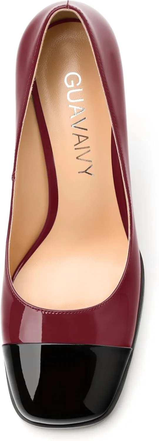 Women's Pumps, Two Toned Patchwork Square Closed Toe High Heels, Fashion Slip On Daily Dressy Shoes for Women