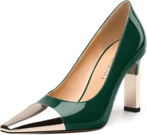 Women's Pumps, Two Toned Patchwork Square Closed Toe High Heels, Fashion Slip On Daily Dressy Shoes for Women