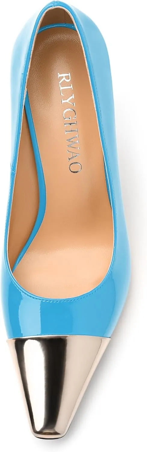 Women's Pumps, Two Toned Patchwork Square Closed Toe High Heels, Fashion Slip On Daily Dressy Shoes for Women