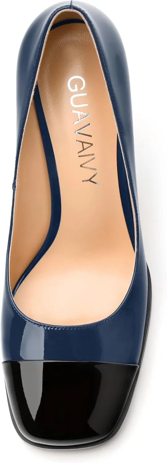 Women's Pumps, Two Toned Patchwork Square Closed Toe High Heels, Fashion Slip On Daily Dressy Shoes for Women