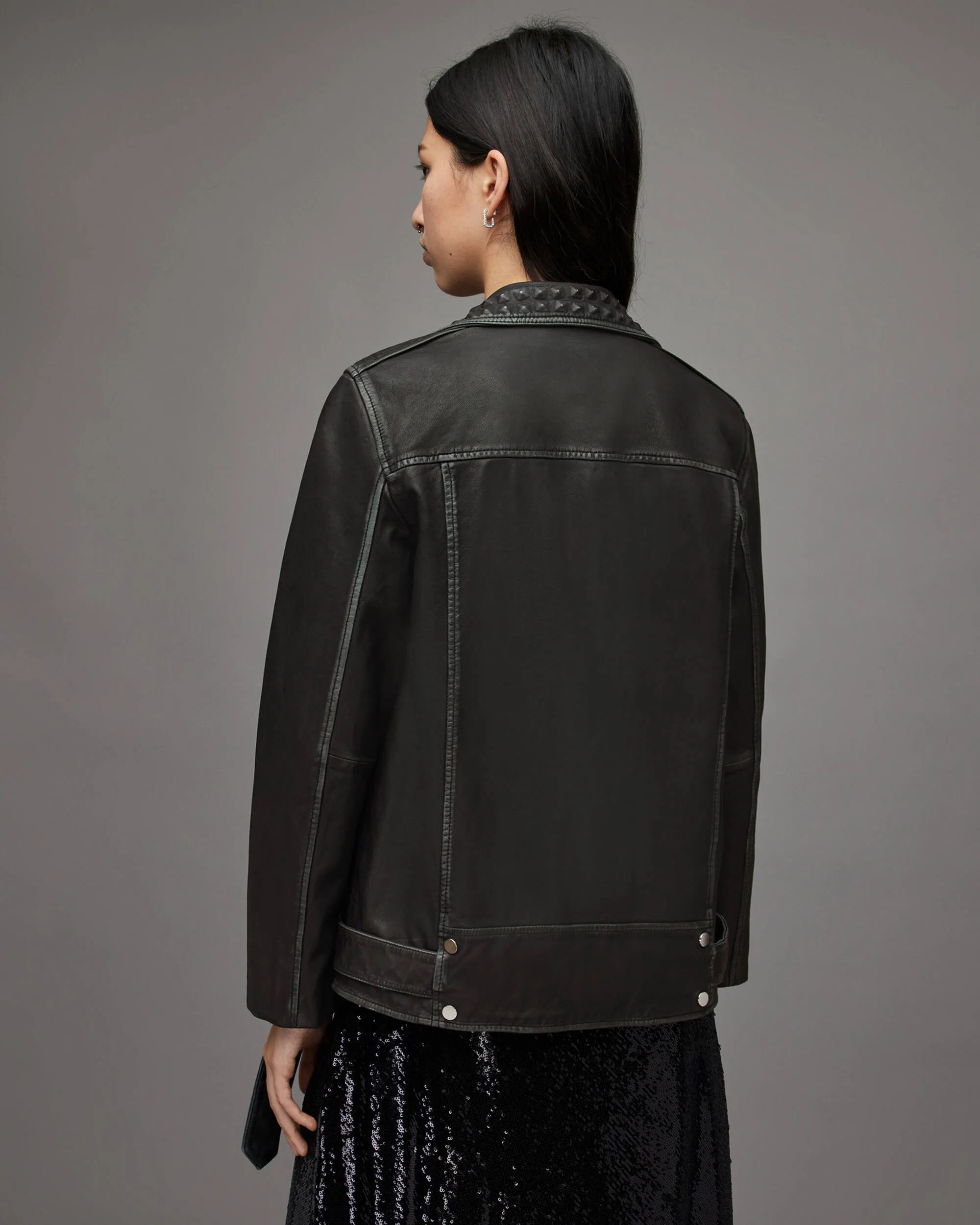 Women's Punk Biker Leather Jacket In Black With Belt
