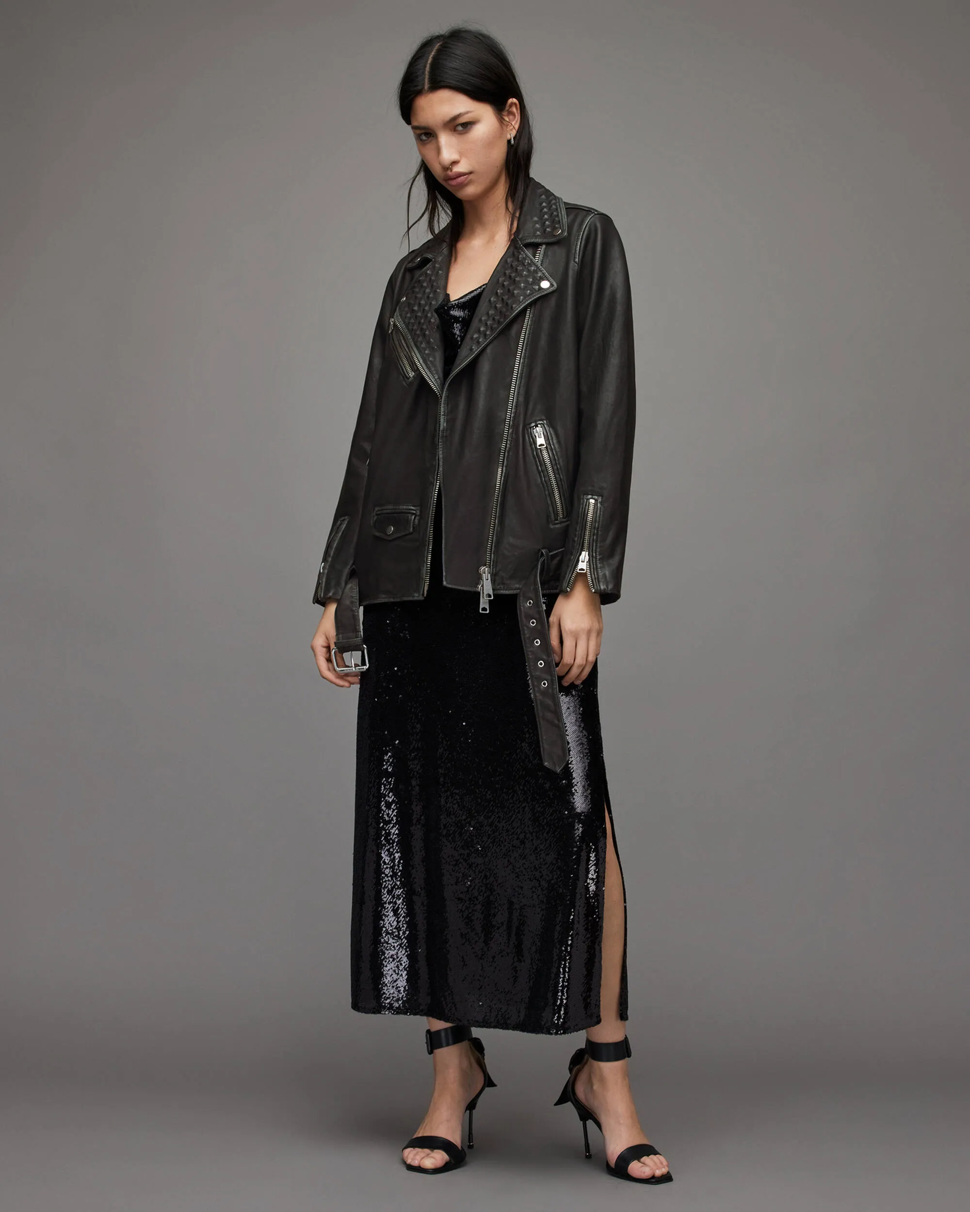 Women's Punk Biker Leather Jacket In Black With Belt