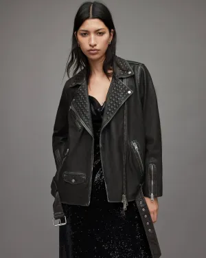 Women's Punk Biker Leather Jacket In Black With Belt