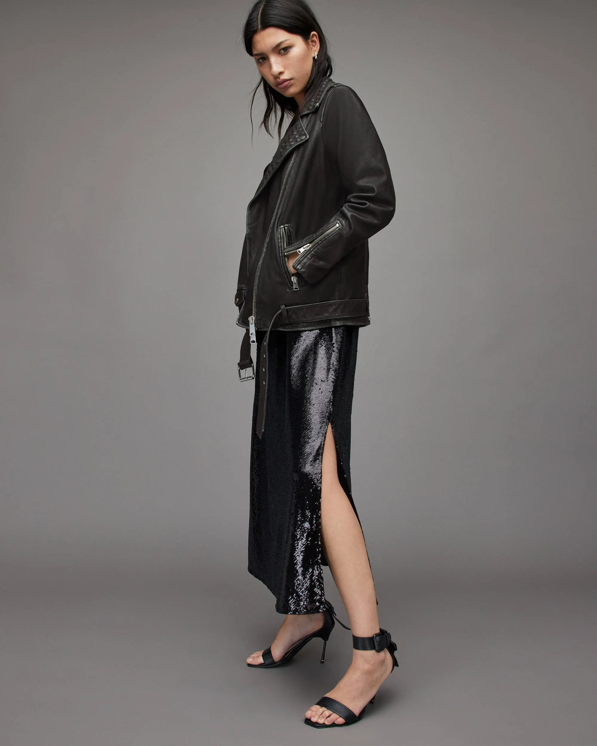 Women's Punk Biker Leather Jacket In Black With Belt
