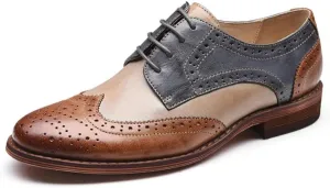 Women's Round Toe Low Heel Block Leather Oxfords Shoes Classic Comfortable Lace-Up Patchwork Multicolor Perforated Wingtip Brogues Derby Saddle Pumps
