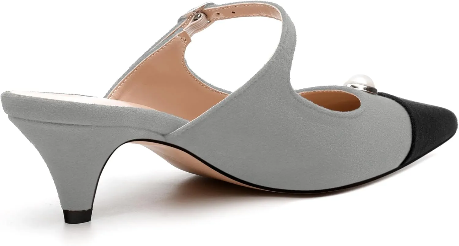 Women's Sandals, Pointed Toe Low Kitten Heels, Two Toned Patchwork Fashion Backstrap Buckle Slide Sandal for Working Wedding Party